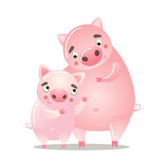 Fototapeta premium Cute pig is standing with a baby. Vector illustration isolated on white background