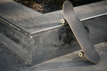 View of black skateboard in concrete skatepark on warm day