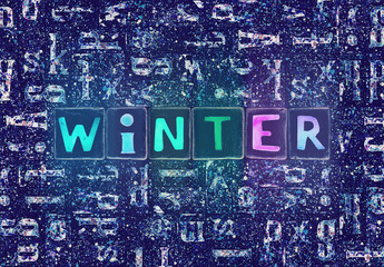 Word Winter with unique letters from neon glowing light blue symbols