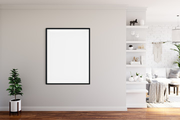 Frame & Poster mock up in living room. Scandinavian interior. 3d rendering, 3d illustration