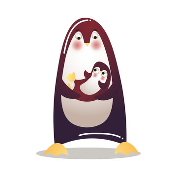 Cute penguin is standing with a baby. Vector illustration isolated on white background