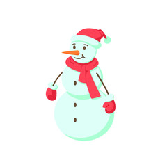 Snowman on a white background with a scarf in a red hat and mittens. New Year winter vector illustration in flat style.