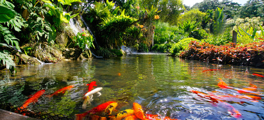Beautiful botanical garden - Jardin de Deshaies, north west of Basse-Terre, Guadeloupe, Caribbean
