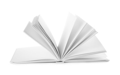 Open hardcover book with blank pages on white background