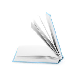 Open hardcover book with blank pages on white background
