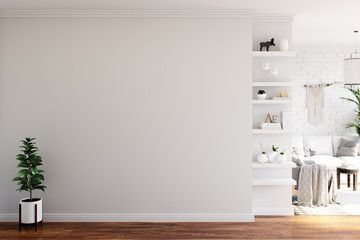 Wall mock up in living room. Scandinavian interior. 3d rendering, 3d illustration - obrazy, fototapety, plakaty