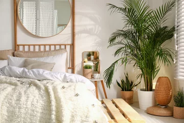Fotobehang Boho Stylish modern room interior with  comfortable bed  © New Africa