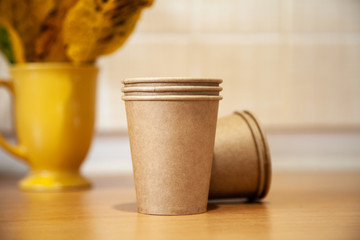 Eco natural coffee utensils. Eco dishes. Glass for coffee. sustainable lifestyle concept. zero waste, plastic without items. stop plastic pollution, overhead, mock up template