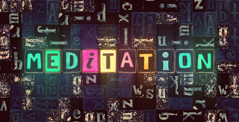The word Meditation as neon glowing unique typeset symbols, luminous letters meditation