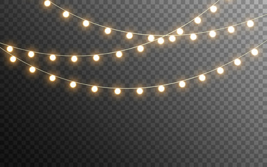 Christmas lights isolated. Glowing garlands on transparent dark background. Realistic luminous elements. Bright light bulbs for poster, card, brochure or web. Vector illustration - obrazy, fototapety, plakaty