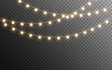Foto op Plexiglas Christmas lights isolated. Glowing garlands on transparent dark background. Realistic luminous elements. Bright light bulbs for poster, card, brochure or web. Vector illustration © Vegorus