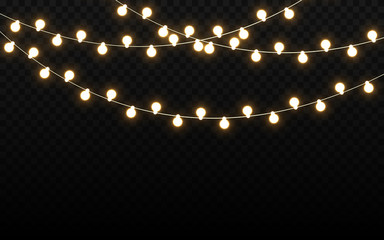 Christmas lights isolated on dark backdrop. Realistic light bulbs. Glowing wire with bright lights. Party garland with luminous elements. Holiday template. Vector illustration