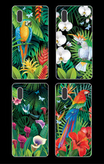 Phone case collection with tropical jungle plants and birds