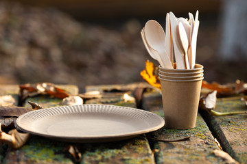 Set of eco, biodegradable paper coffee cups, wooden spoon fork napa. Zero waste, environmentally friendly, no plastic concept. Top view, copy space.