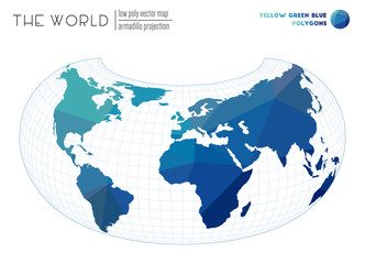Triangular mesh of the world. Armadillo projection of the world. Yellow Green Blue colored polygons. Amazing vector illustration.