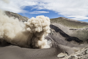 the crater of the volcano with smoke and ashes