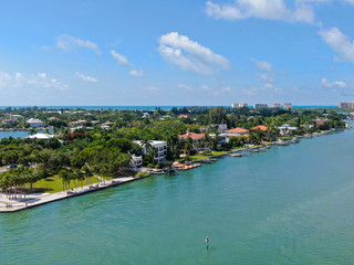 Aerial view of Bay Island neighborhood and luxury villas next the ocean, in Sarasota, Florida, USA