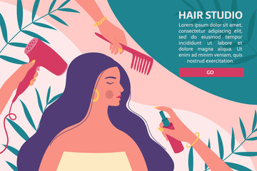Hair and beauty salon banner, flyer, voucher. Hairdressers with professional tools care about long woman's hair and hairstyle on the abstract background.
