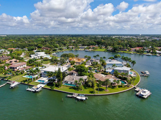Fototapeta na wymiar Aerial view of Bay Island neighborhood and luxury villas next the ocean, in Sarasota, Florida, USA