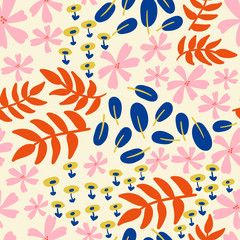 Abstract vector seamless pattern, background with flowers and leaves. Suitable for creating greeting cards, invitations, banners, web, flyers, backgrounds, covers, brochures, posters.