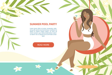 Spa, body care, wellness and health, natural beauty, summer resort banner concept. Woman sitting with coctail near swimming pool on the abstract background with the place for your text.