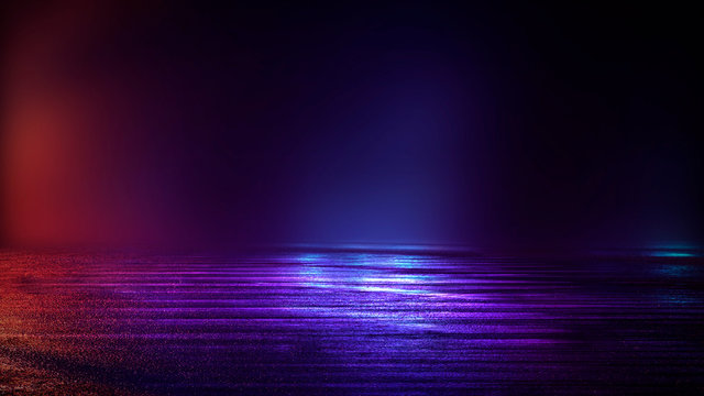 Wet asphalt, night view, neon reflection on the concrete floor. Night empty stage, studio. Dark abstract background. Product Showcase Spotlight Background.