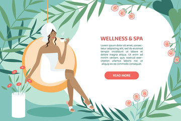 Spa, body care, wellness and health, natural beauty, summer resort banner concept. Woman sitting with tea or coffee near swimming pool and leaves on the abstract background with text area.