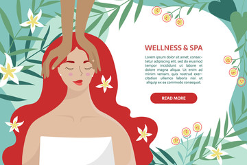 Spa, body care, massage wellness and health, natural beauty, summer resort banner concept. Woman chilling during facial care and massage on the abstract background with text area.