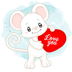 Fototapeta premium Cute watercolor white mouse with heart cushion