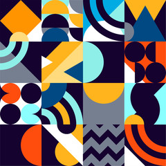 Abstract geometric patten of multicolored primitive shapes.	