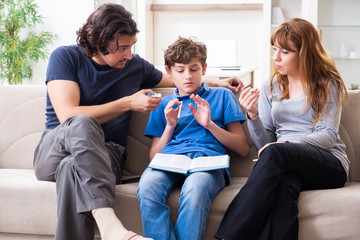 Concept of underage smoking with young boy and family