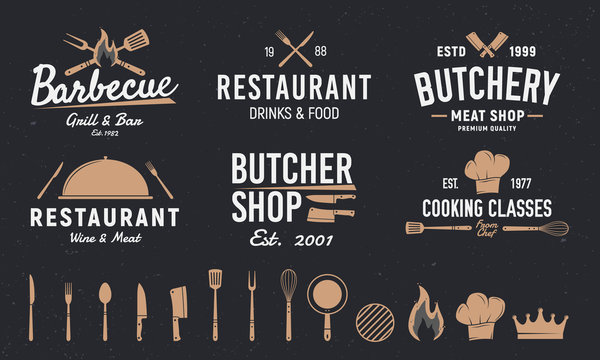 Vintage food business logo set with design elements. Cooking class, restaurant, butcher shop badges, labels, posters. Vector illustration