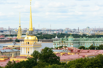 Fototapeta premium Saint Petersburg, Russia, August 2019. Panoramic aerial view of the city from the dome of Saint Isaac Cathedral. In this image is visible the Ermitage Museum and the Admiralteystvo building