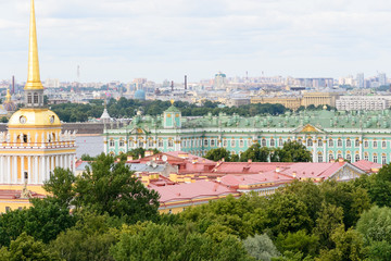 Obraz premium Saint Petersburg, Russia, August 2019. Panoramic aerial view of the city from the dome of Saint Isaac Cathedral. In this image is visible the Ermitage Museum