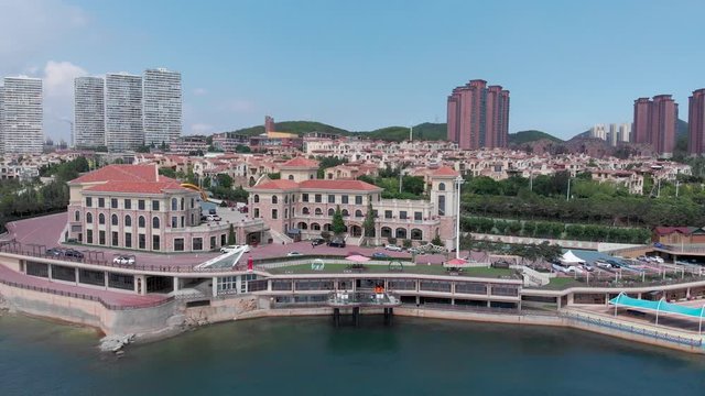 Drone Shot of Dalian city coast during summer, blue sky, clear water, amazing china, Dalian 11-06-19