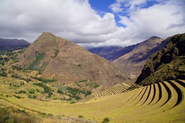 Fototapeta na wymiar Terraces of Pisac in the Urubamba valley in the Andes of Peru