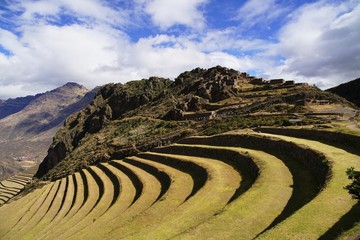 Terraces of Pisac in the Urubamba valley in the Andes of Peru