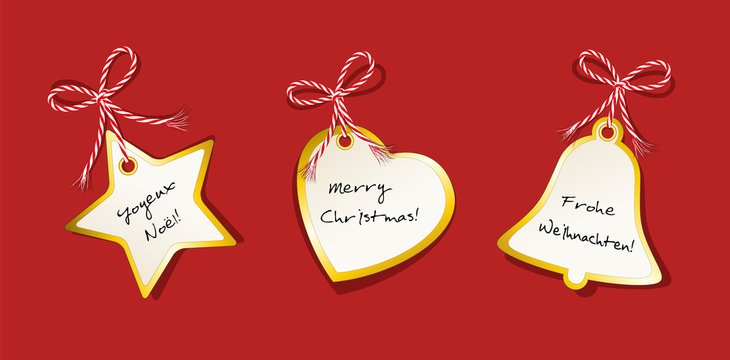 Weihnachts Karten Set, Stern, Herz und Glocke mit Gr&uuml;&szlig;e international, in deutsch, englisch und franz&ouml;sisch, Etiketten Sammlung, Geschenkanh&auml;nger Set mit Goldrand und Schleife, Vektor Illustration iso