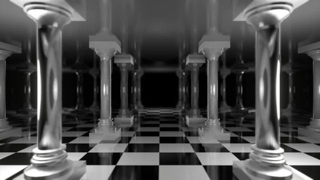 3d rendering abstract background of  antique colonnade, classical ancient tuscan order white marble columns in a row. Moving the camera. 3D animation 4K