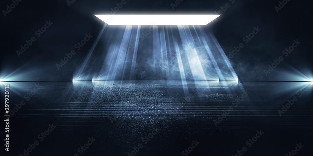 Canvas Prints empty background scene. dark street reflection on the wet pavement. rays neon light in the dark, neo