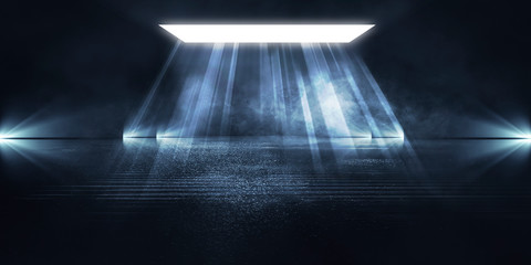 Empty background scene. Dark street reflection on the wet pavement. Rays neon light in the dark,...
