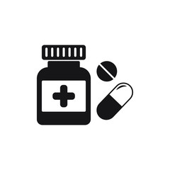 Medicine icon isolated on white background. Healthy symbol. Bottle with pill. Medicament and capsule. Vector illustration