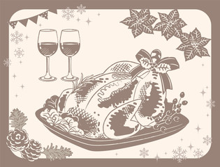 Wintertime and Christmas food, roast turkey and wine. Vintage style. Vector illustration for menu, poster or other use.