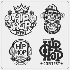 Hip-hop and rap emblems, attributes and accessories. Poster templates and design elements.