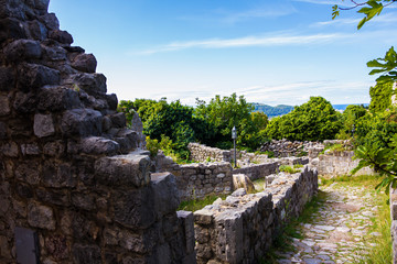 Fototapeta premium Stari Bar (Old Bar), Montenegro, the different view of the ancient city fortress, an open-air museum and the largest and the most important Medieval archaeological site in the Balkans, archaeologicall