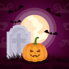 halloween dark cemetery scene with pumpkin