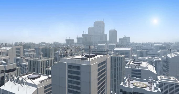 Calm Metropolitan City Aerial Camera Flight At Day Time. Business And Industry Related 4K Computer Animation