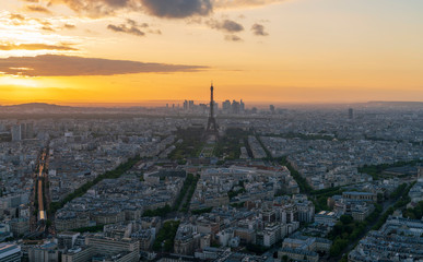 Aerial view of Paris skyline during sunset