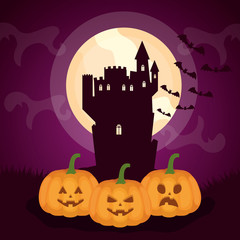 halloween dark scene castle with pumpkins