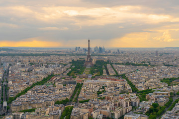 Aerial view of Paris skyline at dusk